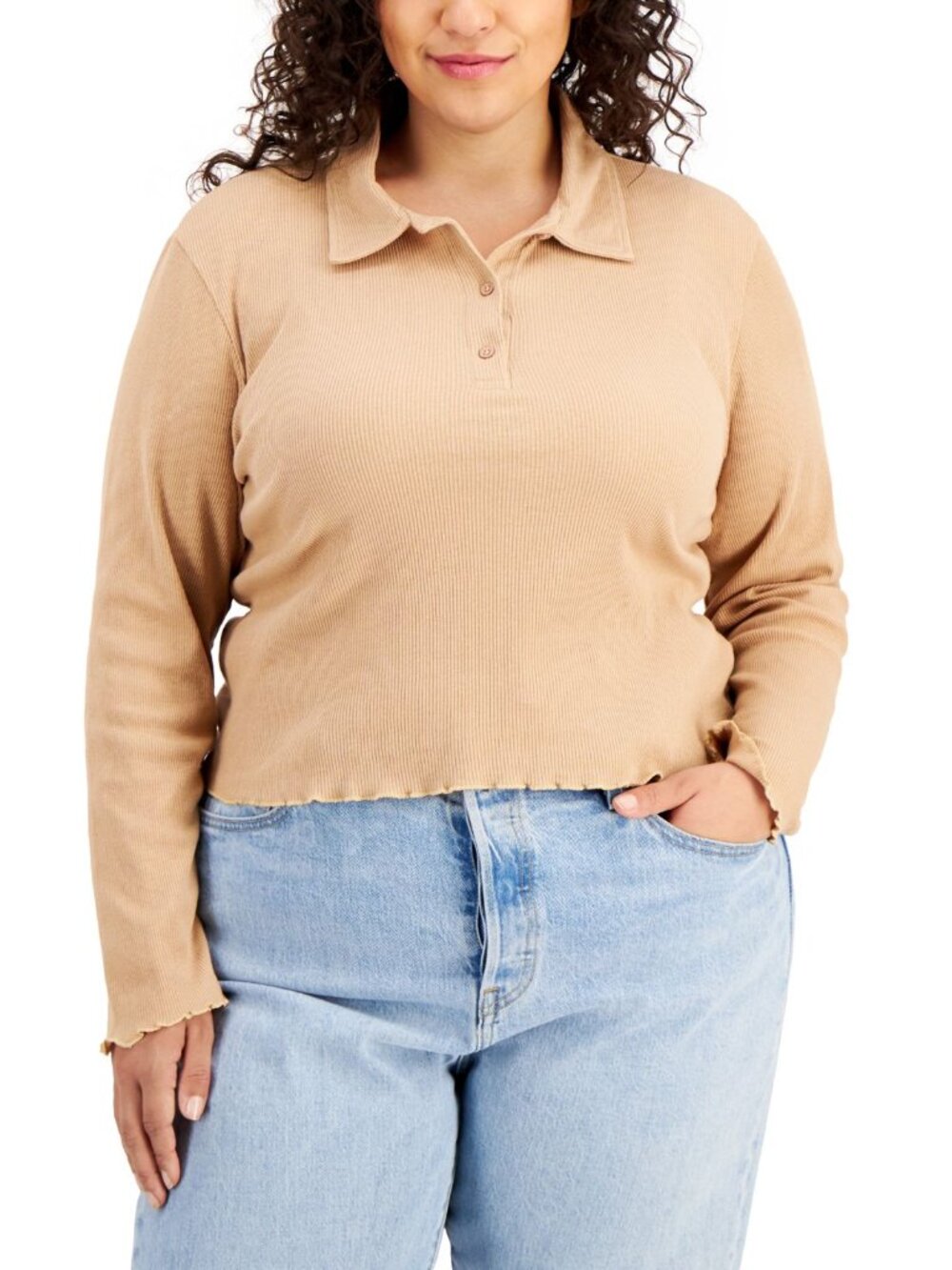 Full Circle Trends Womens Trendy Plus Size Ribbed Raw-Hem Cropped Polo Shirt
